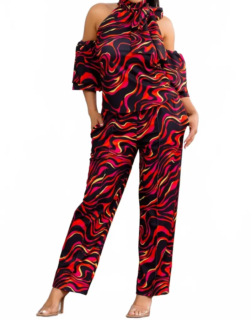Cold Shoulder Top And Wide Leg Pants Set In Red Multi 1