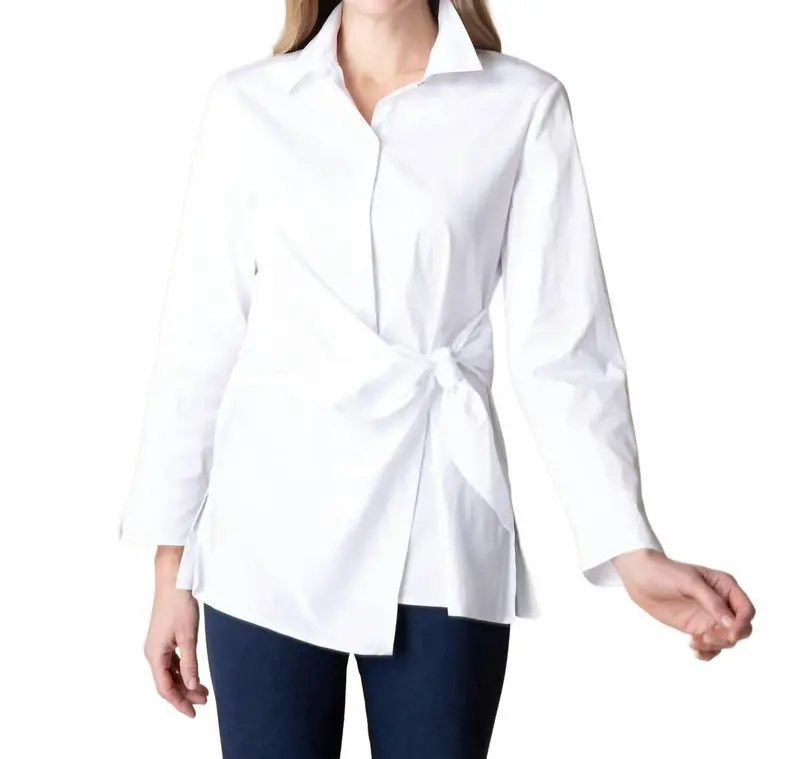 Collared Partial Button Down Shirt With Front Side Tie In White 1