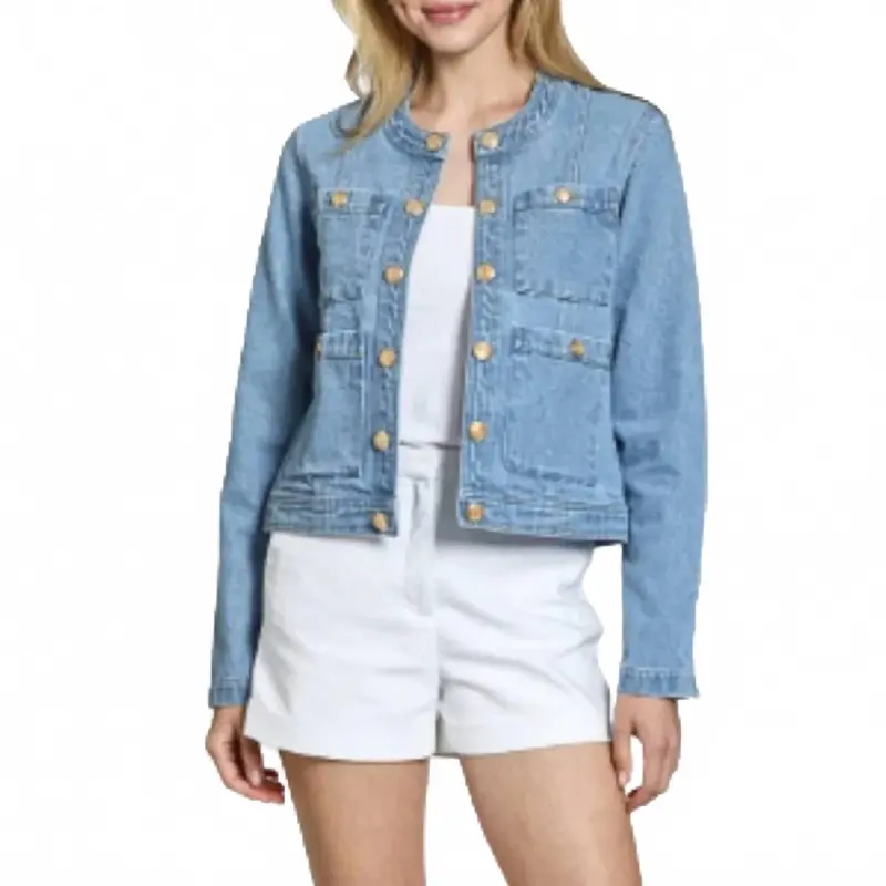 Collarless Denim Jacket In Light Indigo 1