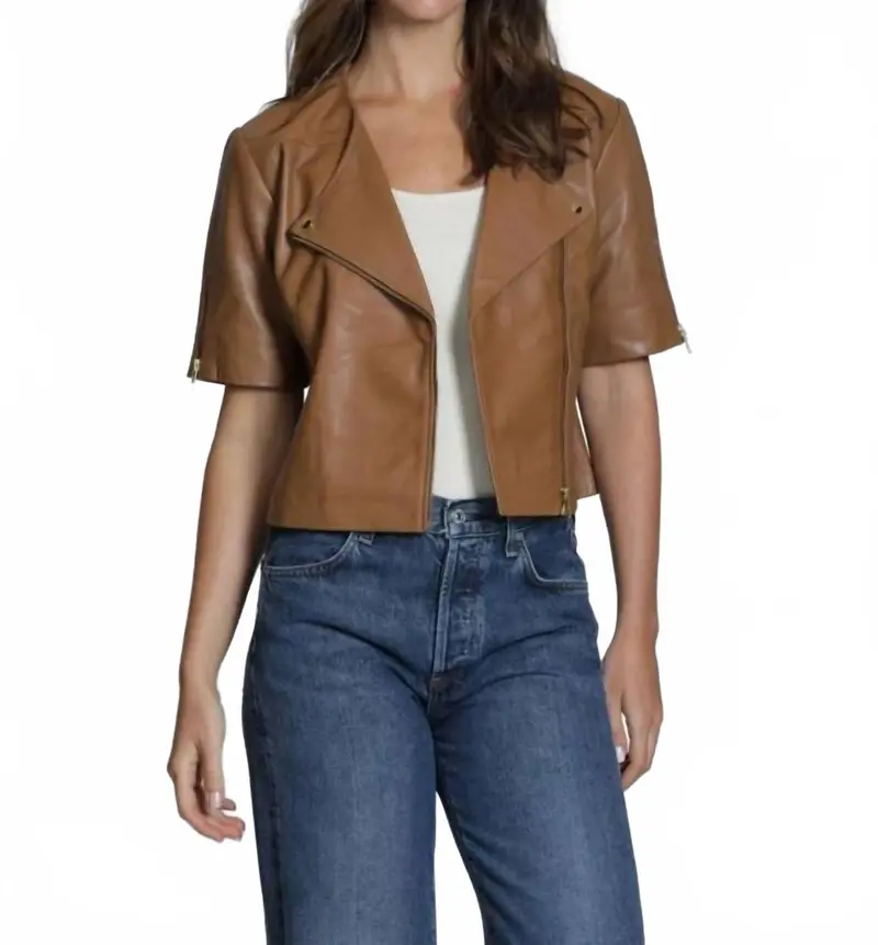 Collarless Short Sleeve Leather Moto Jacket In Mocha 1