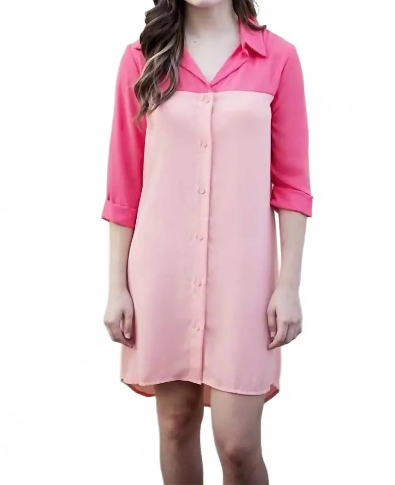 Color Block Shirt Dress In Coral 1