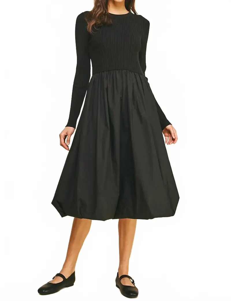 Contrast Balloon Midi Dress In Black 1