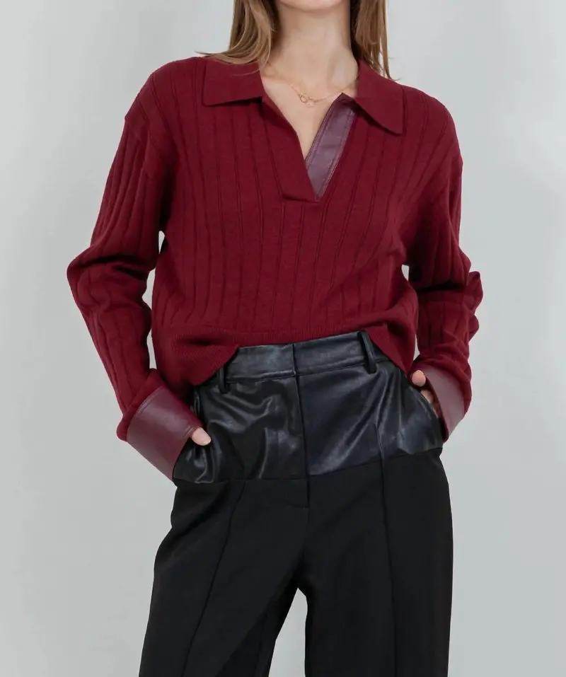 Contrast Knitted Long Sleeve Sweater In Burgundy 1