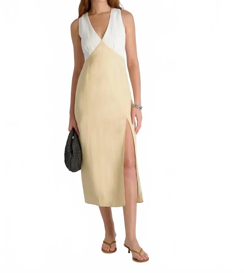 Cooper Linen V-Neck Midi Dress In White 1