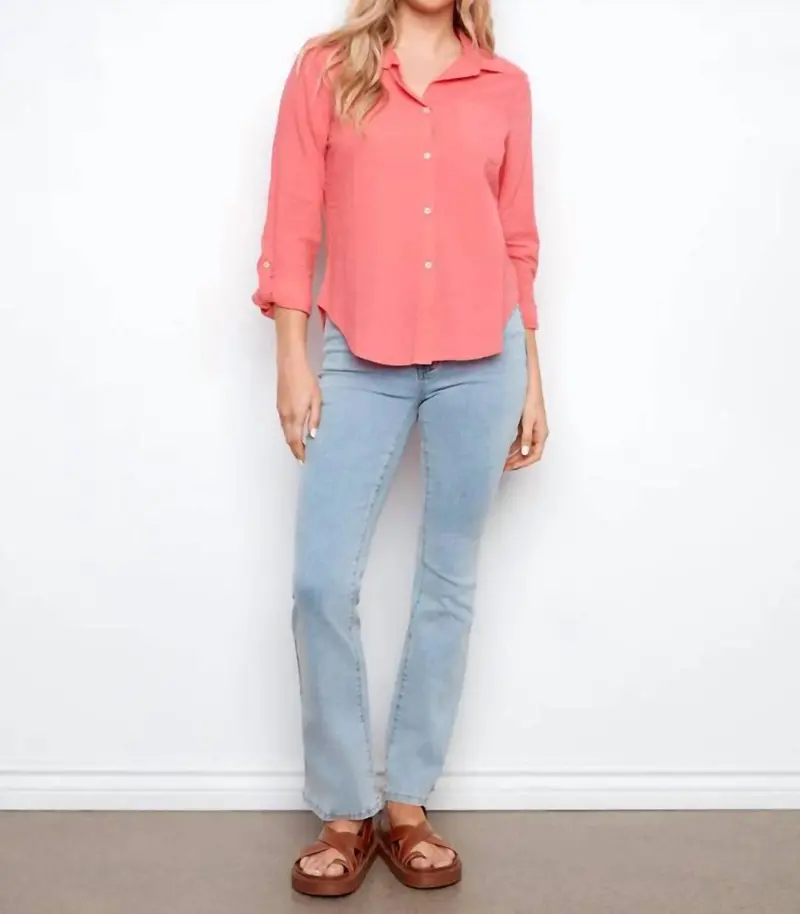 Cotton Button Up Shirt In Sorbet 1