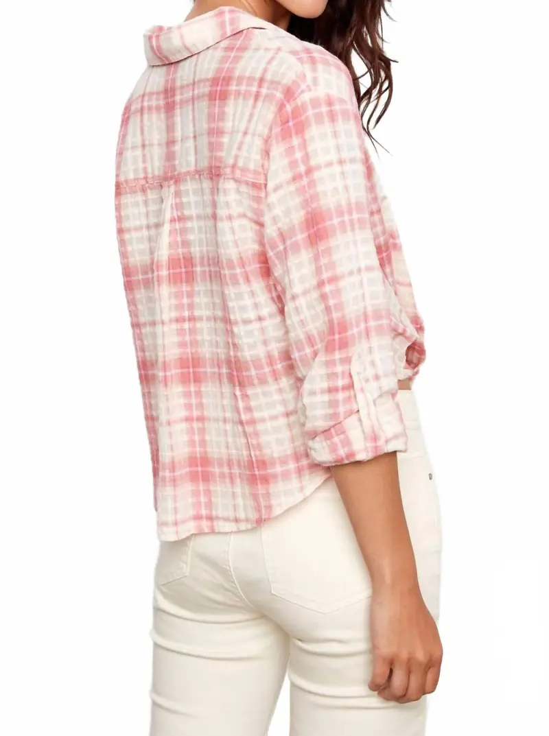 Cotton Twist Front Shirt With Roll Up Long Sleeves In Pink Plaid 2