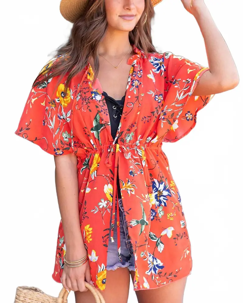 Cover Up Kimono In Coral Floral 1