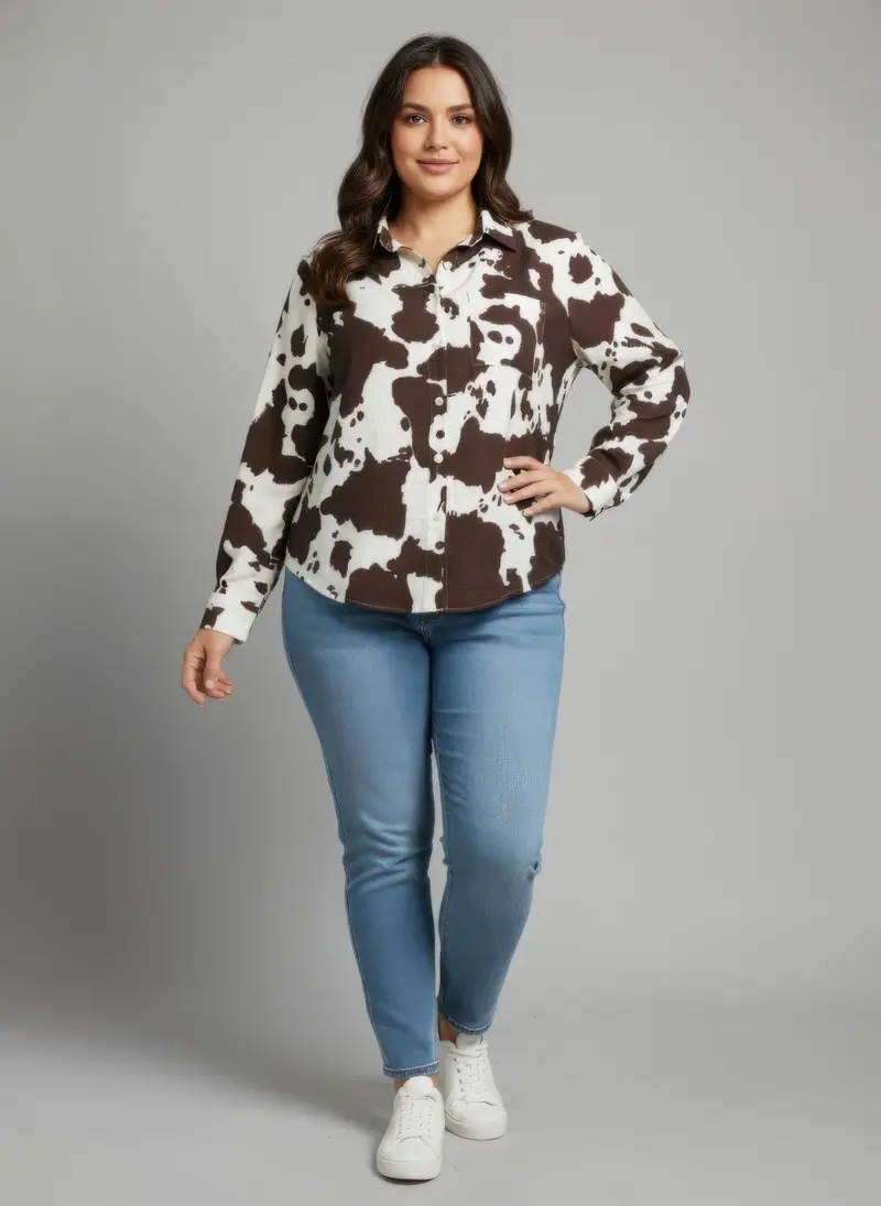 Cow Print Long Sleeve Button-Up Shirt 1
