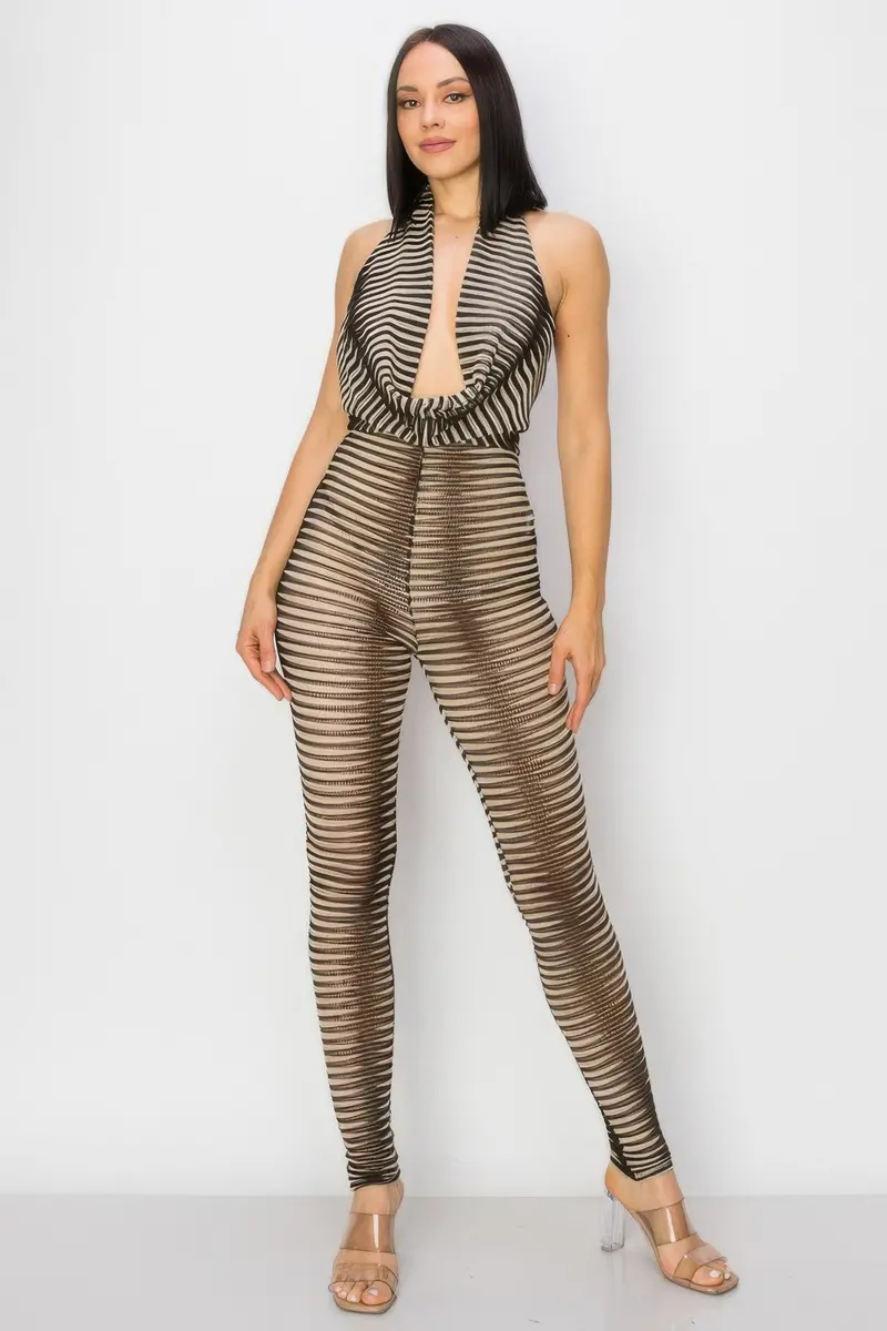 Cowl Neck Knit Mesh Jumpsuit 1