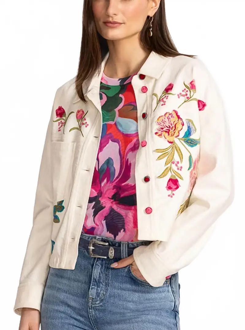 Crochet Cropped Denim Jacket In Beige 1