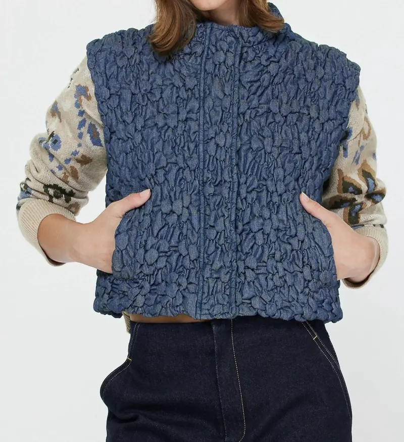Cropped Quilting Vest In Denim 1