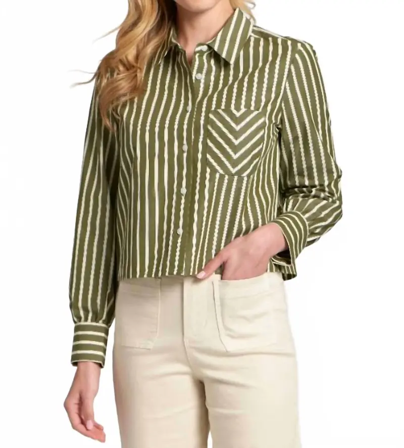 Cropped Striped Blouse In Olive/White 1