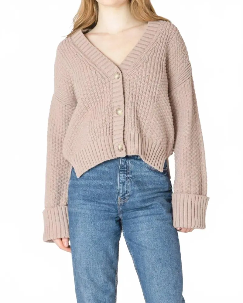 Cuffed Sleeve Textured Cardigan In Taupe 1