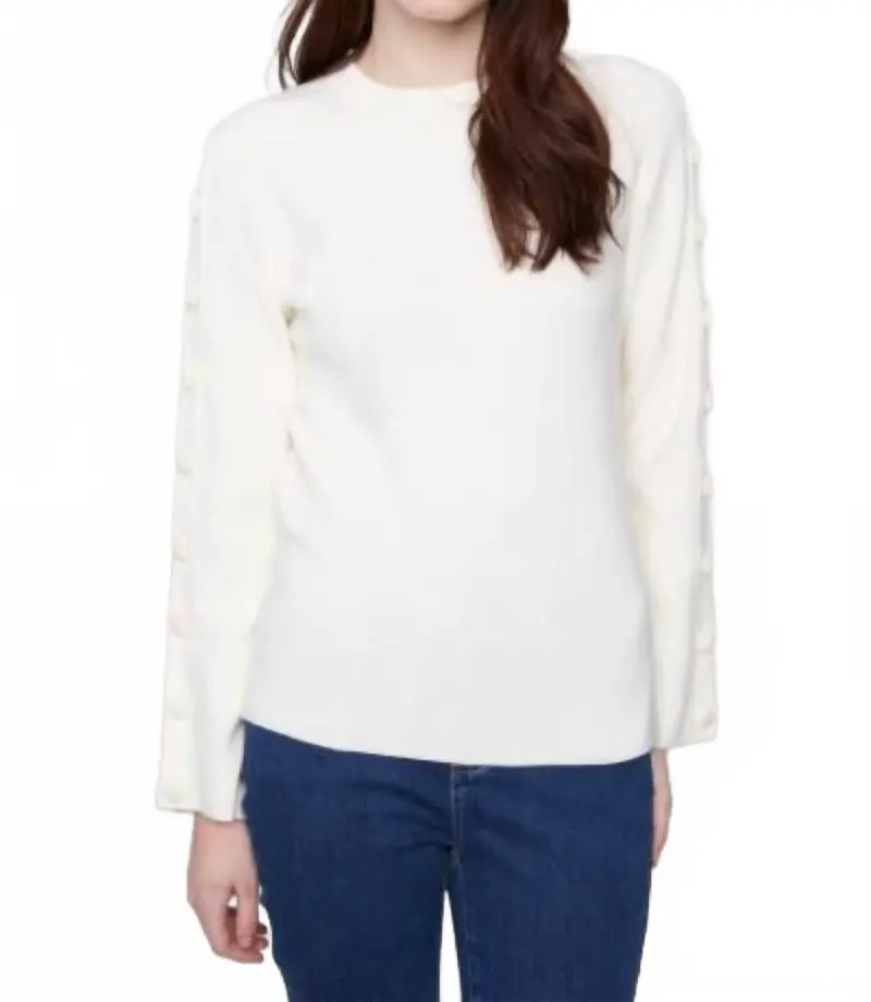 Decorative Sleeve Ribbed Crew Neck Sweater In Ecru 1