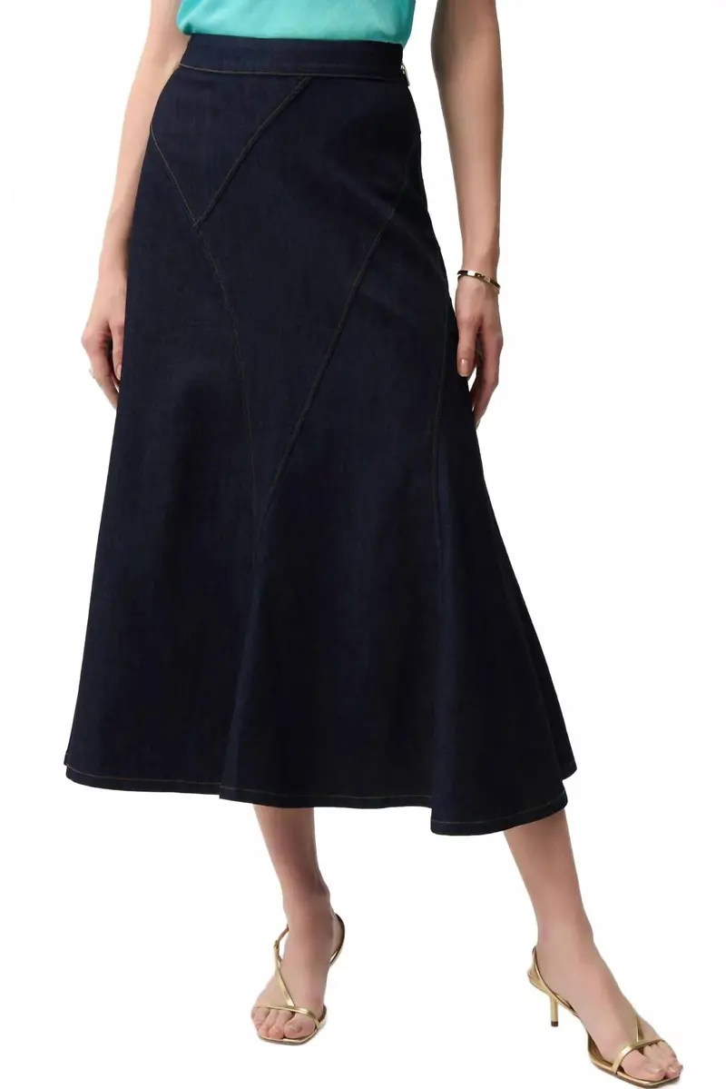 Denim Flare Skirt With Exposed Zipper In Dark Blue 1