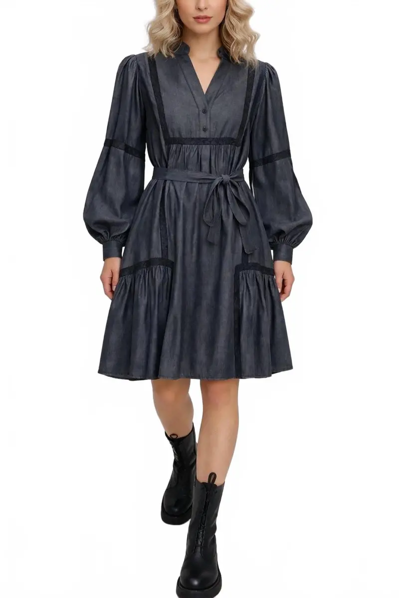 Denim Tencel Lace Trim Dress In Dark Grey 1