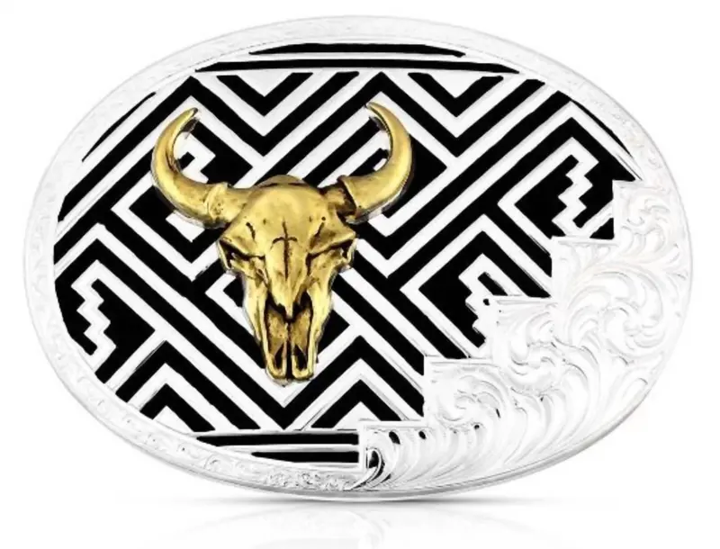 Desert Southwestern Buffalo Skull Belt Buckle In Silver/Black 1