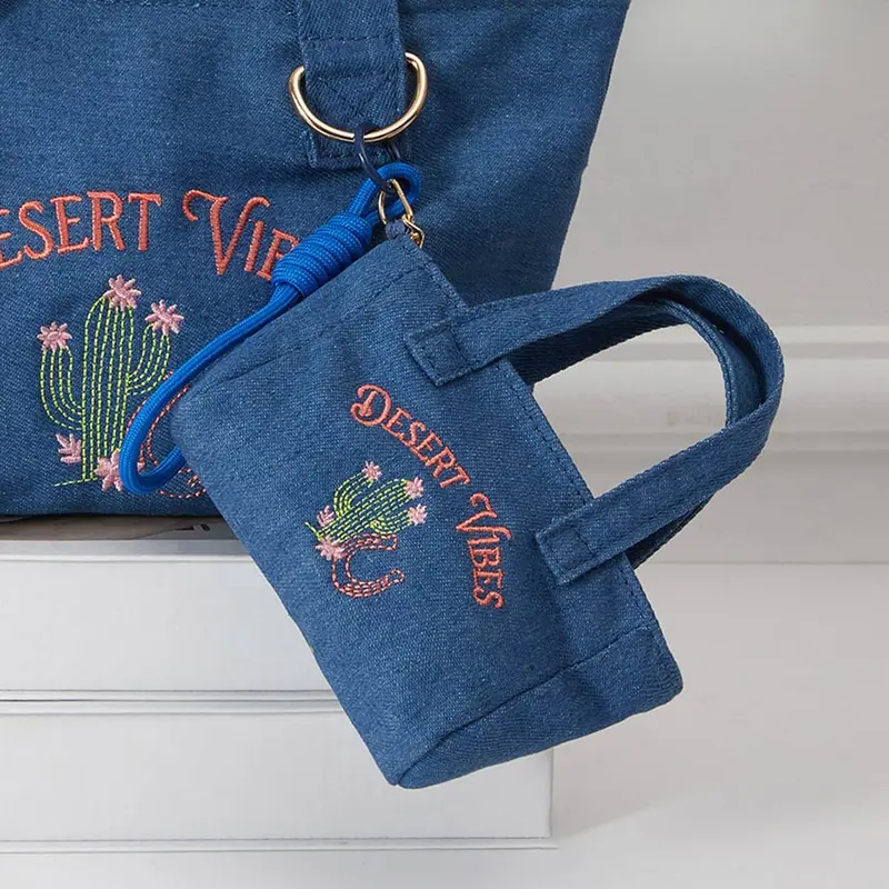 Desert Vibes Cactus Embroidered Mini Canvas Tote Bag Keychain Bag Charm 1