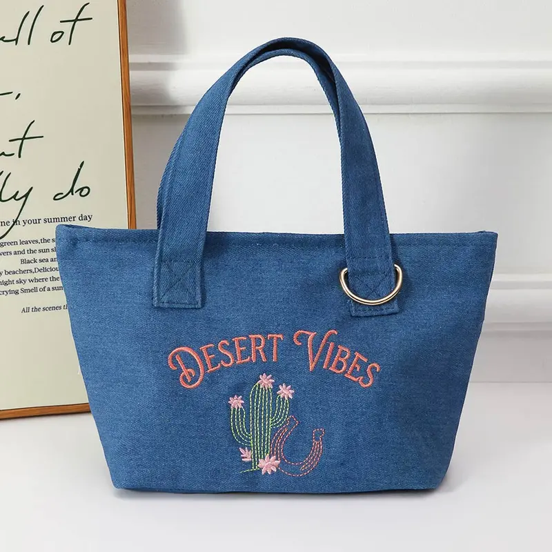 Desert Vibes Cactus Embroidered Small Canvas Tote Bag 1