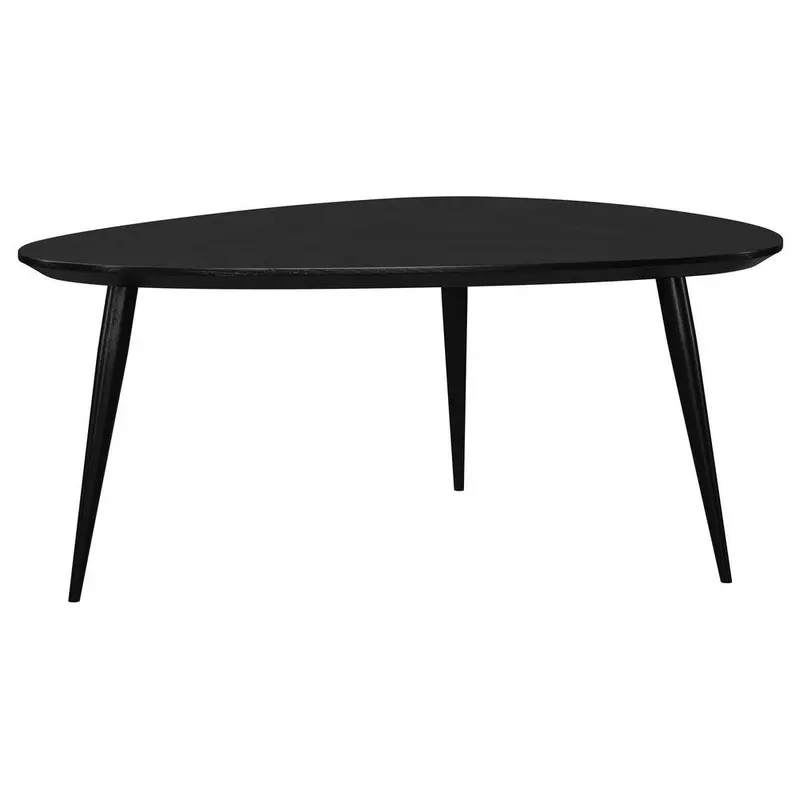 Deso Coffee Table, 39 Inch Triangular Black Mango Wood, Metal Legs 1
