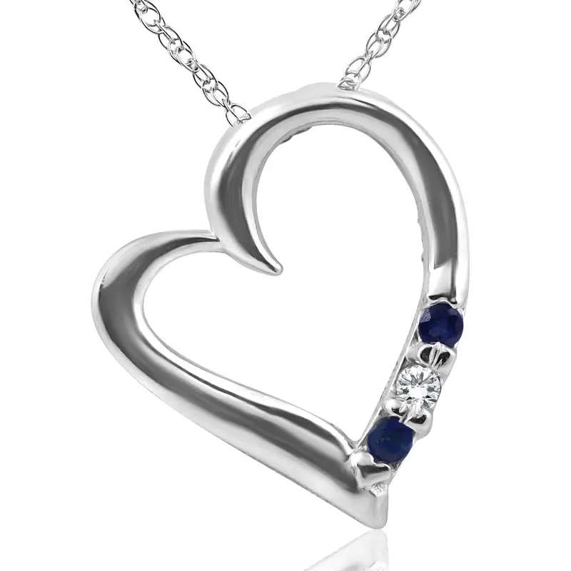 Diamond & Blue Sapphire Heart Pendant 3-Stone 14K White Gold With 18" Chain 1