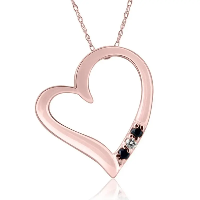 Diamond & Blue Sapphire Heart Pendant 3-Stone Rose Gold With 18" Chain 1