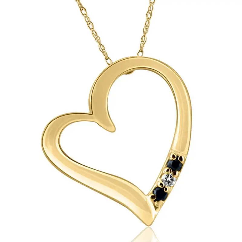 Diamond & Blue Sapphire Heart Pendant 3-Stone Yellow Gold With 18" Chain 1