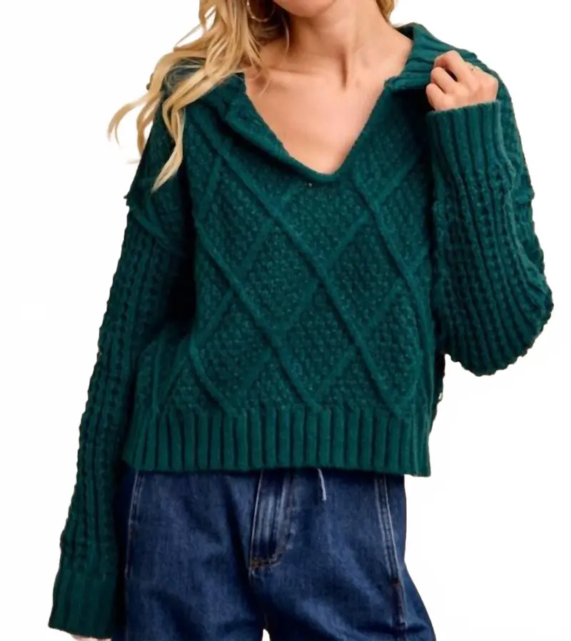 Diamond Patterned Collared Sweater Top In Hunter 1