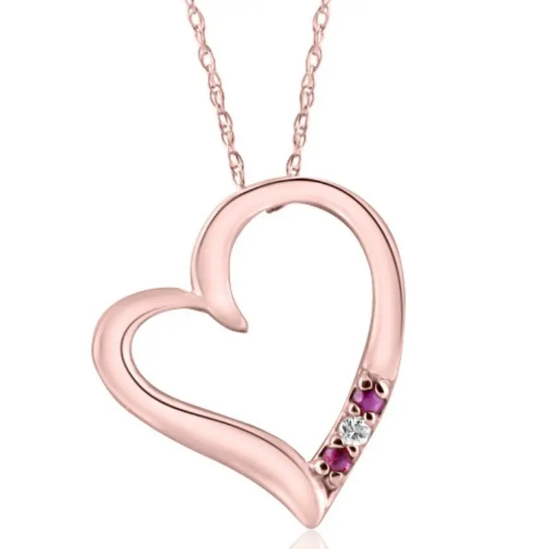 Diamond & Ruby Heart Pendant 3-Stone Rose Gold With 18" Chain 1