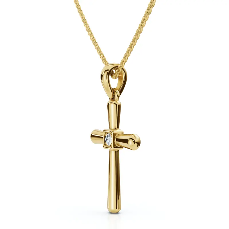 Diamond Solitaire Lab Grown Cross 10K Gold Necklace 3/4" Tall Pendant 1