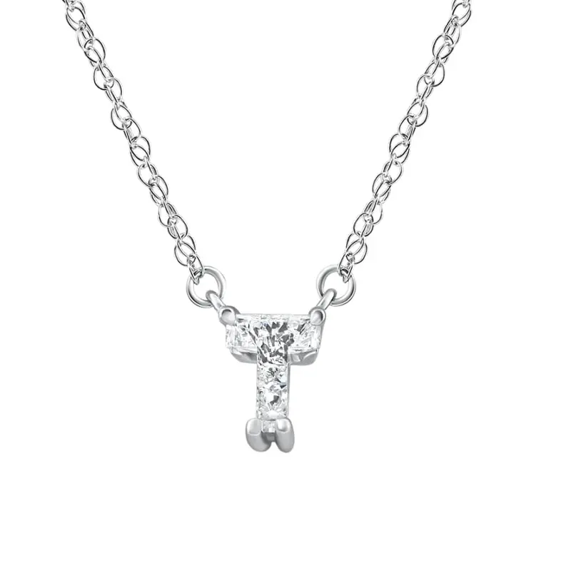 Diamond "T" Initial Pendant 18" Necklace 14K White Gold Lab Grown 1