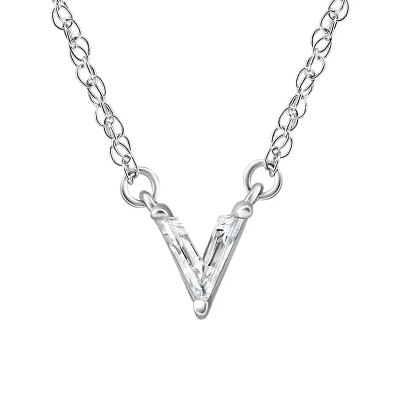 Diamond "V" Initial Pendant 18" Necklace 14K White Gold Lab Grown 1
