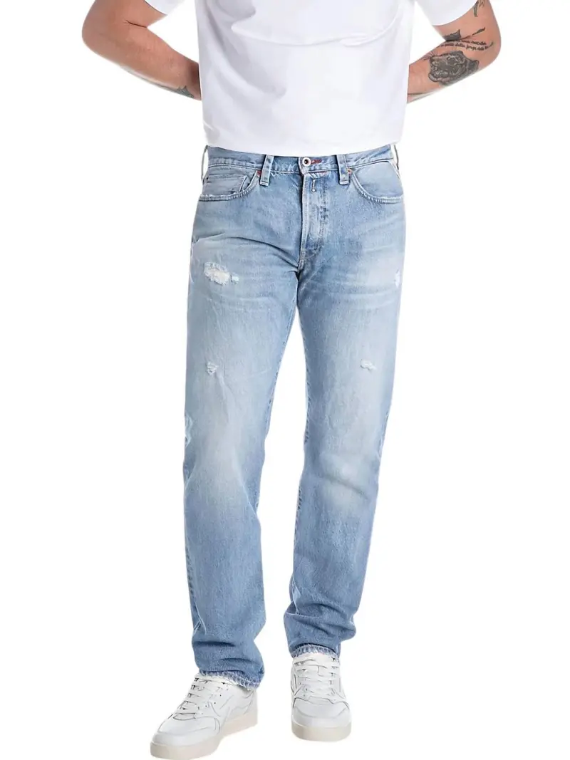 Distressed Denim Straight Jeans In Light Blue 1
