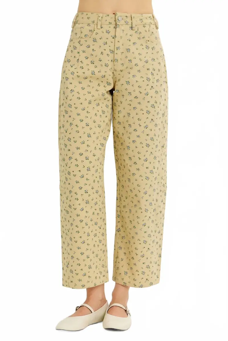 Ditsy Flower Cotton Twill Barrel Leg Pants In Yellow/Blue 1