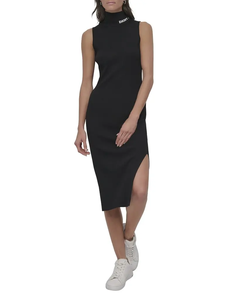 Dkny Mock Neck Rib Midi Dress With Logo At Neck 1