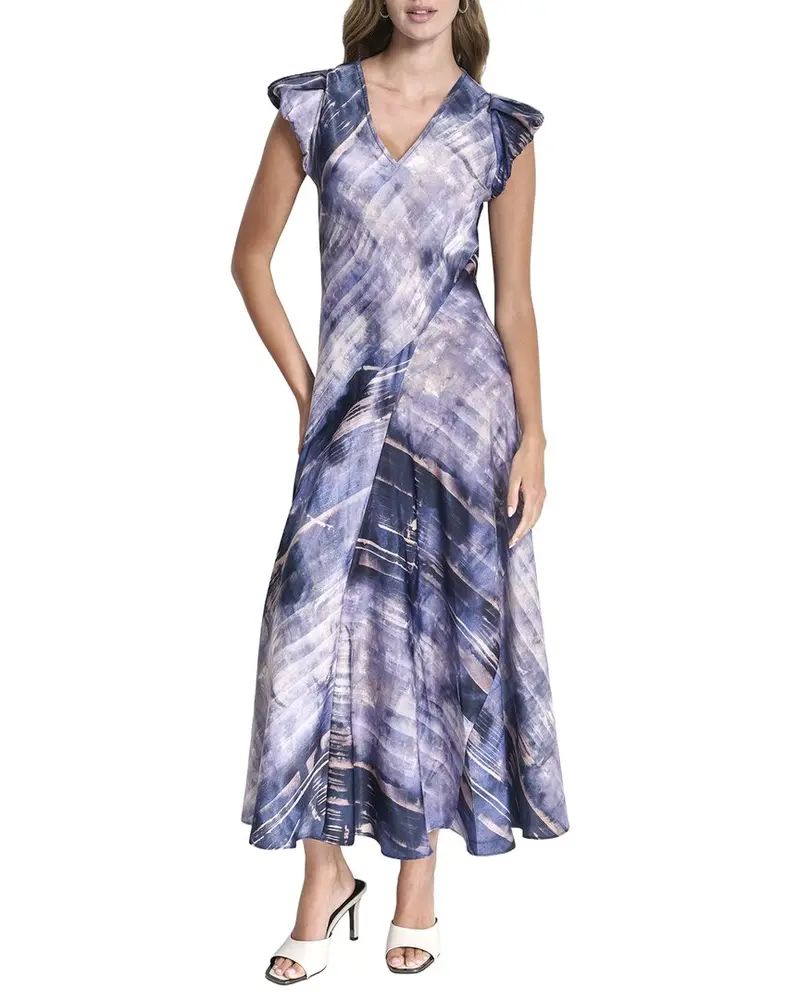 Dkny Puff Sleeve Print Satin Dress 1