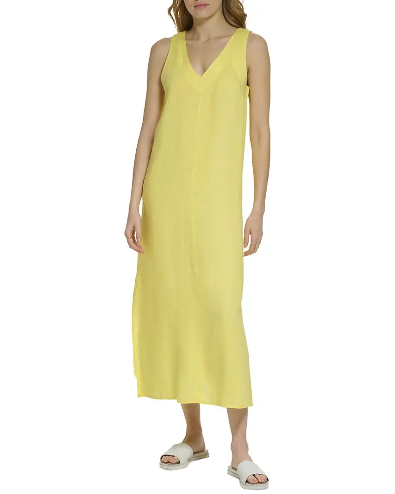 Dkny V-Neck Panel Linen Dress 1