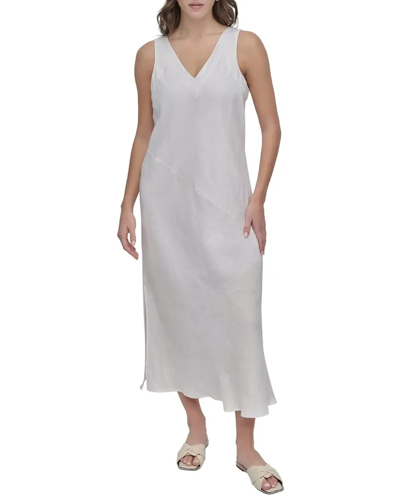 Dkny V Neck Panel Linen Midi Dress 1