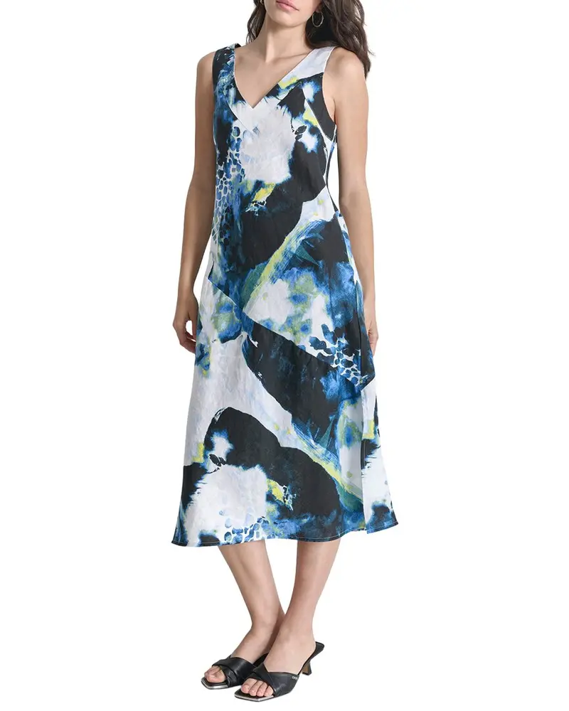 Dkny V Neck Panel Linen Midi Dress 1