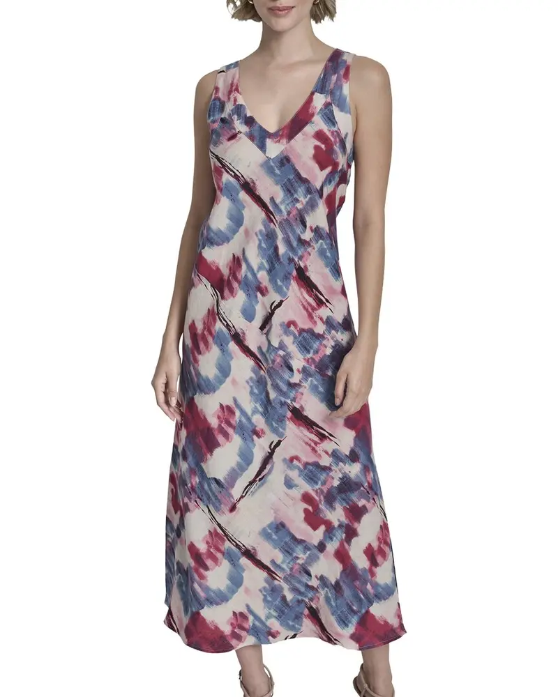 Dkny V Neck Panel Printed Linen Midi Dress 1