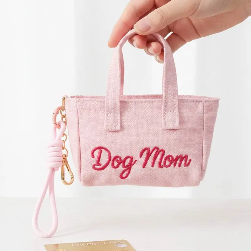 Dog Mom Embroidered Mini Canvas Tote Bag Keychain Bag Charm 1