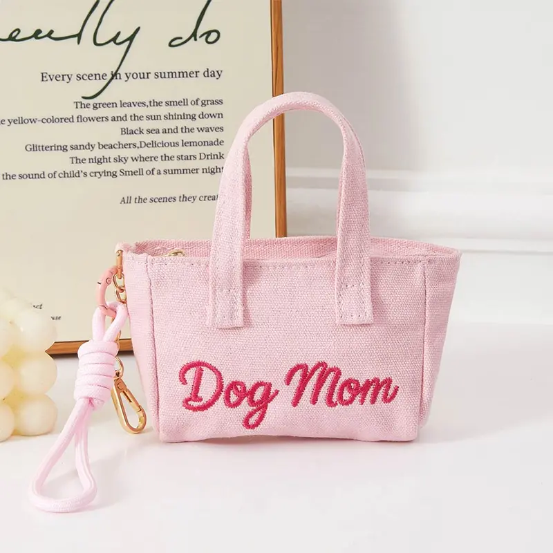 Dog Mom Embroidered Mini Canvas Tote Bag Keychain Bag Charm 2