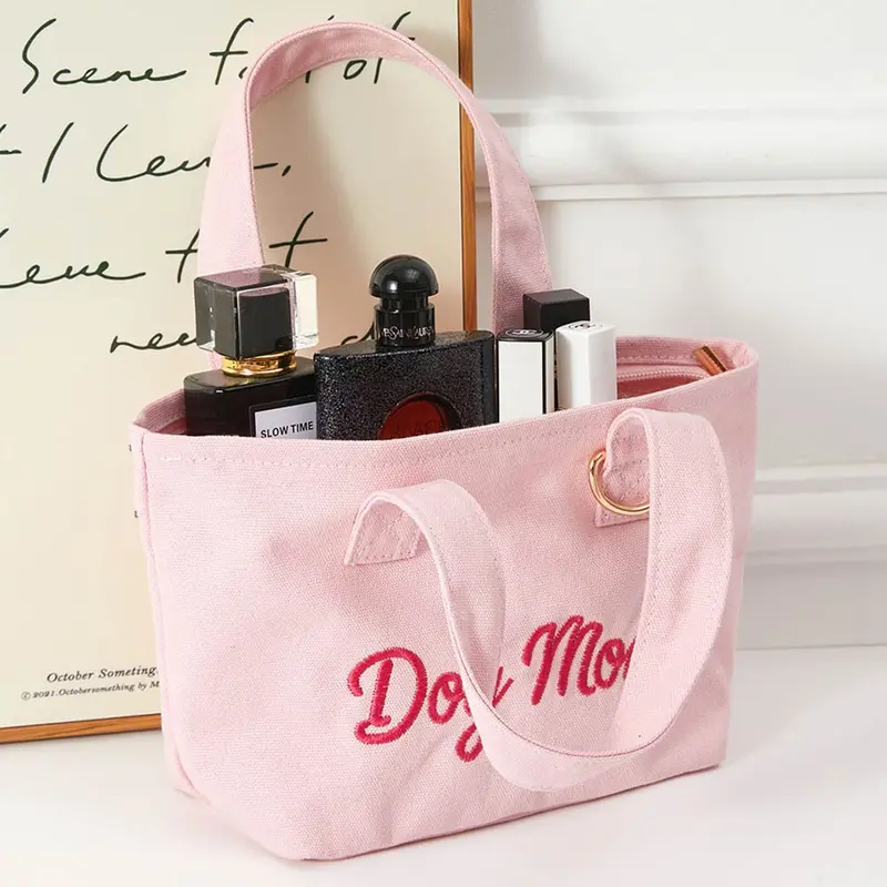 Dog Mom Embroidered Small Canvas Tote Bag 1