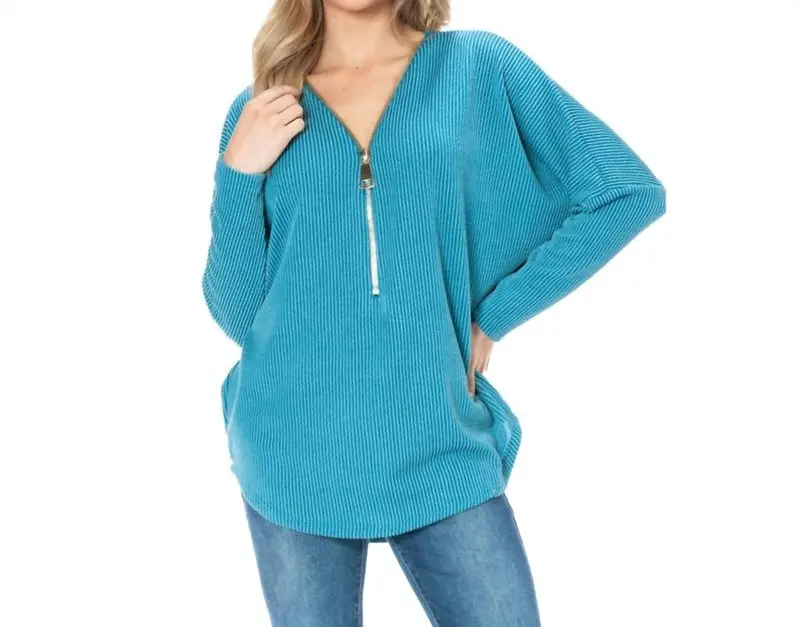 Dolman Sleeve Zipper Top In Turquoise 1