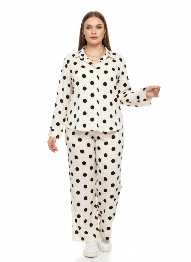 Dot Button-Up Top & Wide Leg Pants Set 1