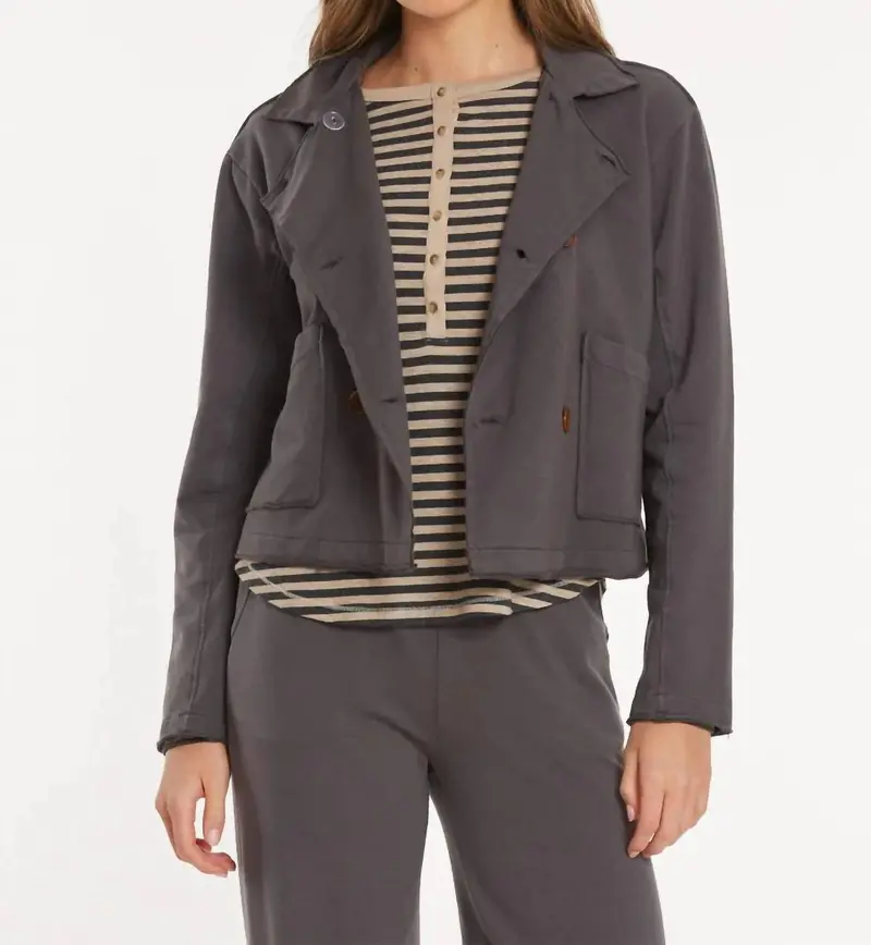 Double Breasted Crop Shacket In Washed Ebony 1