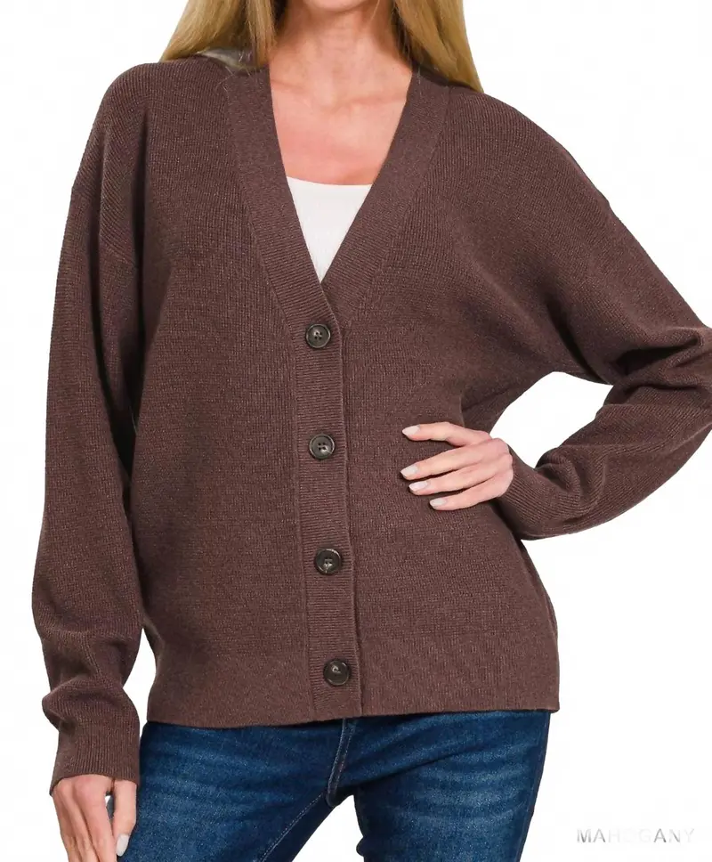 Drop Shoulder Button Front Cardigan In Mahogany 1