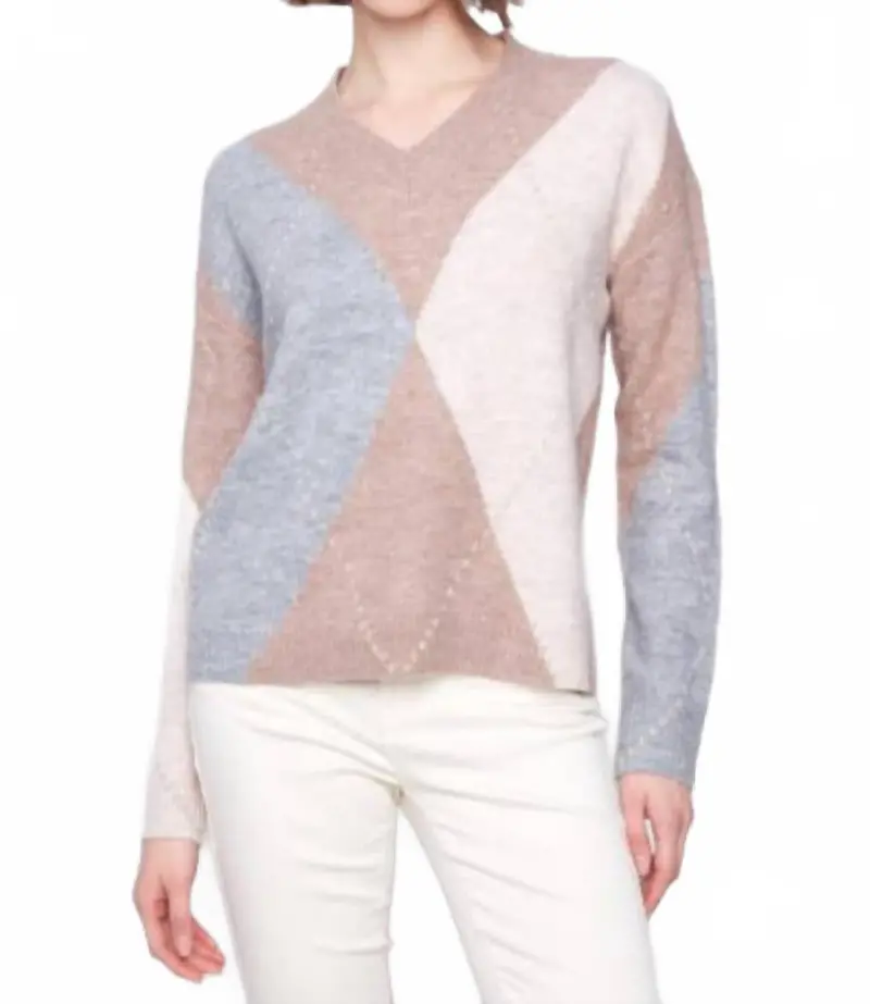 Drop Shoulder V Neck Argyle Jacquard Sweater In Sesame 1