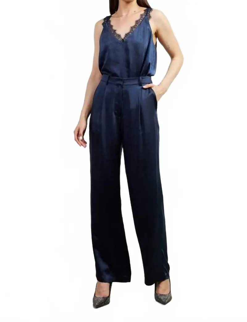 Dull Satin Elastic Back Trouser In Navy 1