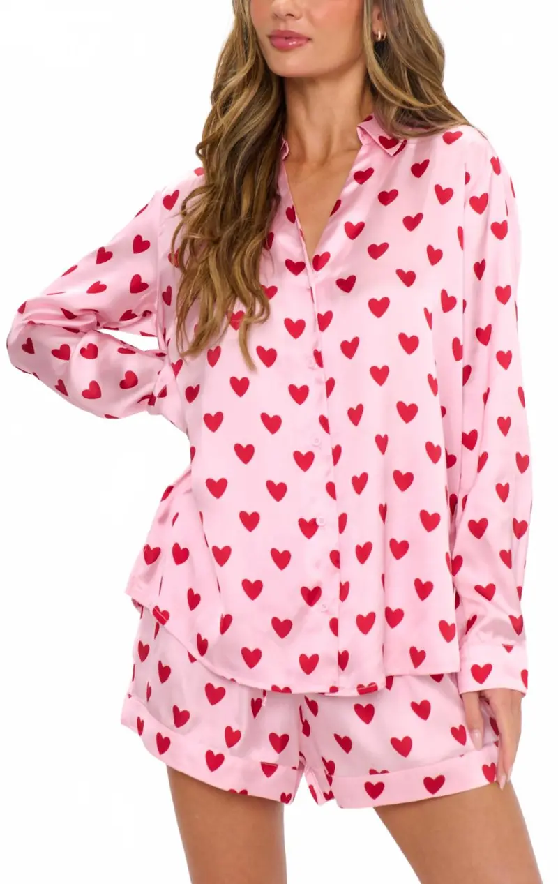 Early Riser Pajama Set In Pink Queen Of Hearts Silky 1